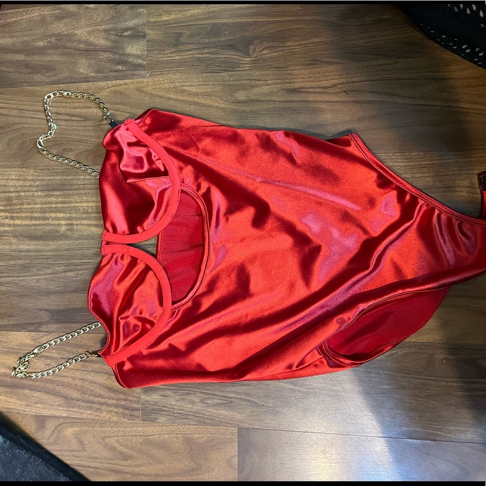 red satin like bodysuit